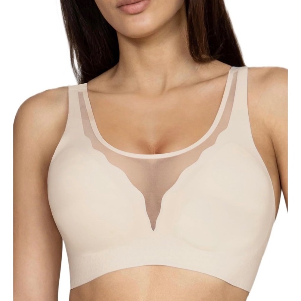 Movinun Seamless Mesh Push Up Bra Beige Wireless Adjustable Straps Small 32B 34B